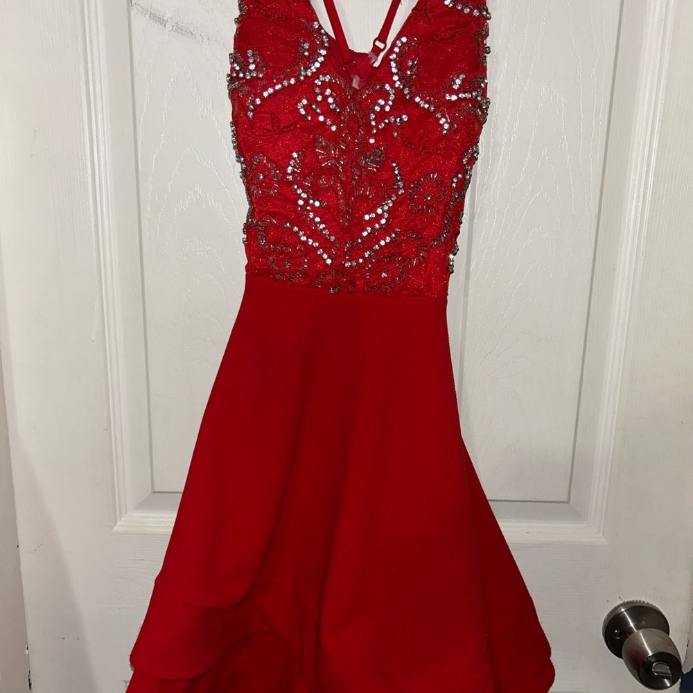 B Darlin Red Sequin Halter Fit and Flare Dress